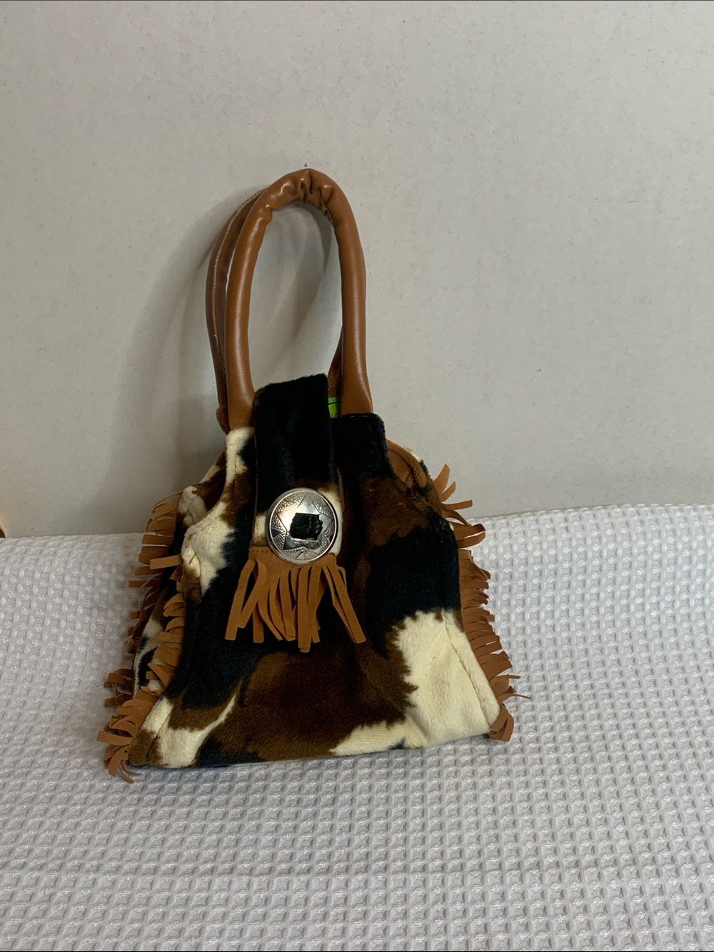 Sassy Pet Saks Western Cow Print toy bag By Douglas Fringe in Brown and Cream